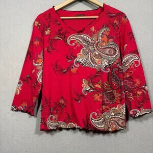 Flower N Ring Red Paisley Top L Boho Artsy Retro Statement Maximalist Bold
